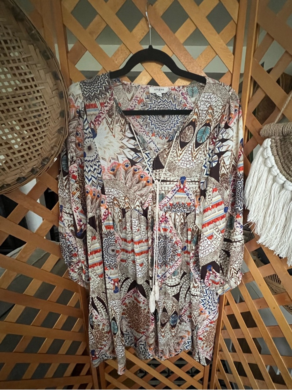 Umgee Multicolor Boho V-Neck Tassel Dress- Cream, Brown, Blue, Red